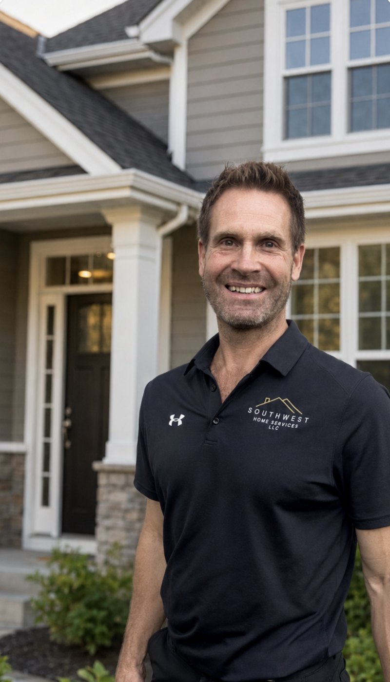 Scot Johnson, owner of Southwest Home Services, in front of a finished home